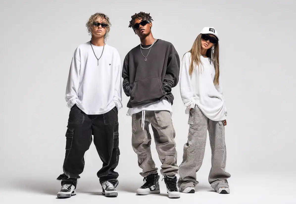 3 person in streetwear y2k style