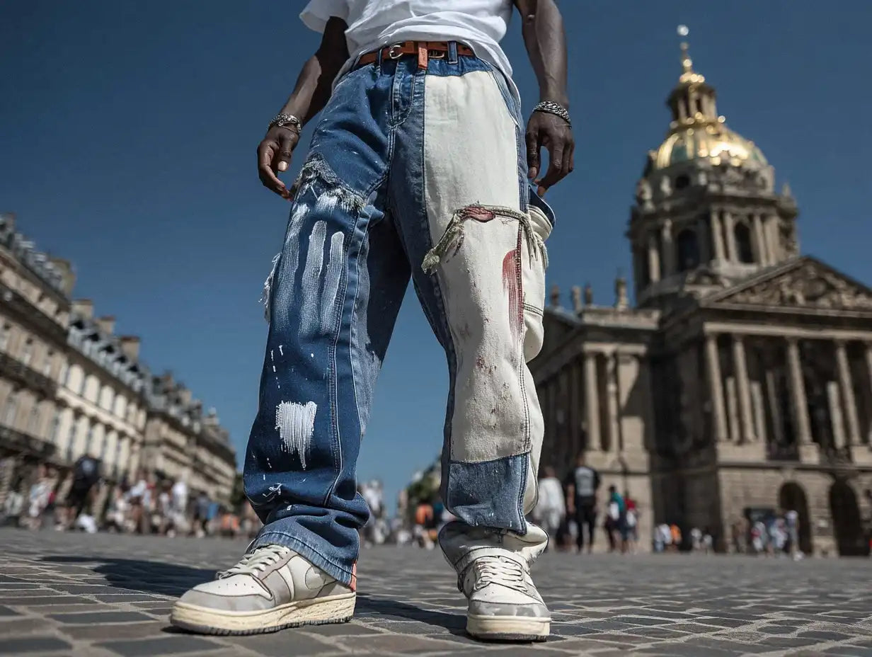 Close-up of patchwork paint-splatter jeans against a city landmark, capturing artistic Y2K fashion energy.