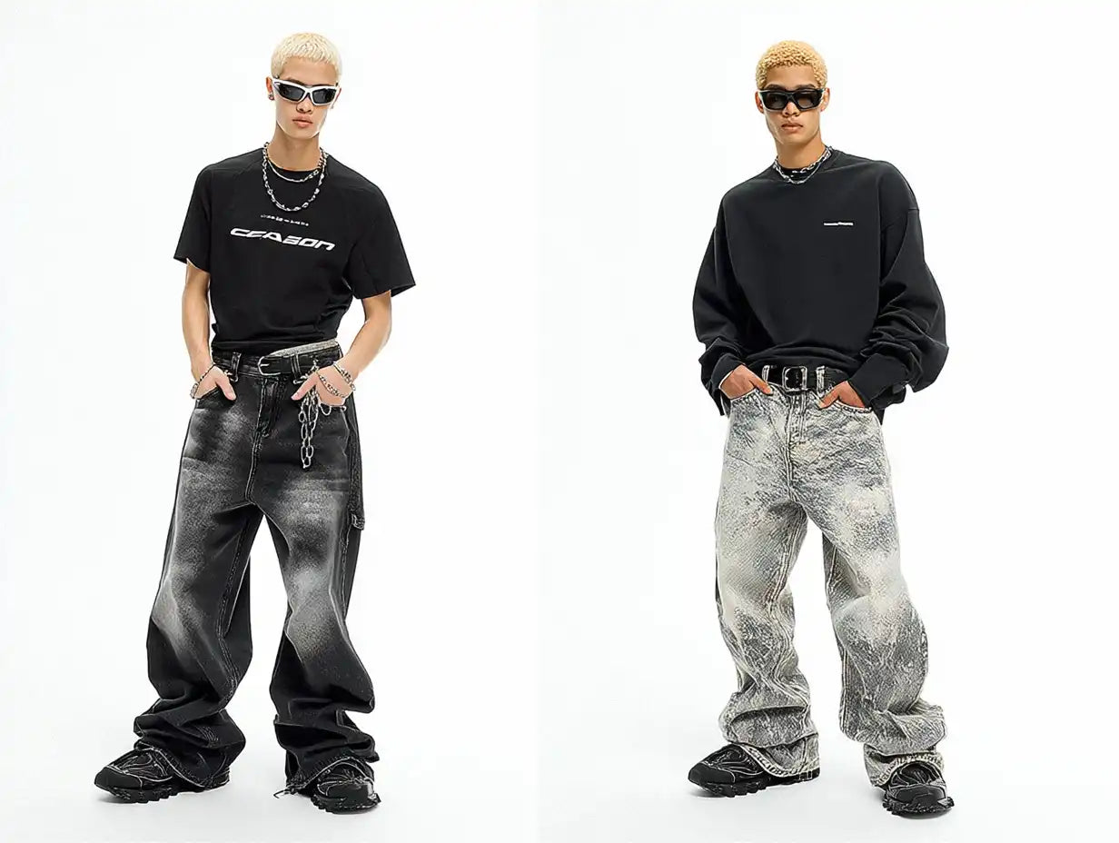 Twin looks of a blond model in bleach-fade baggy jeans and chunky sneakers, reflecting bold monochrome Y2K style.