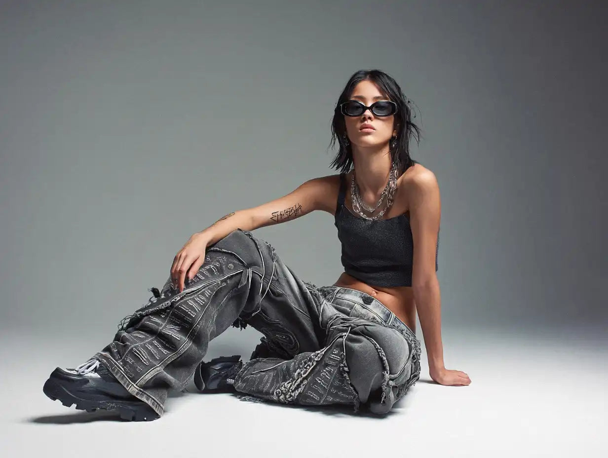 Woman seated in distressed strap-detail jeans and crop top, highlighting edgy Y2K clothes with grunge vibes.