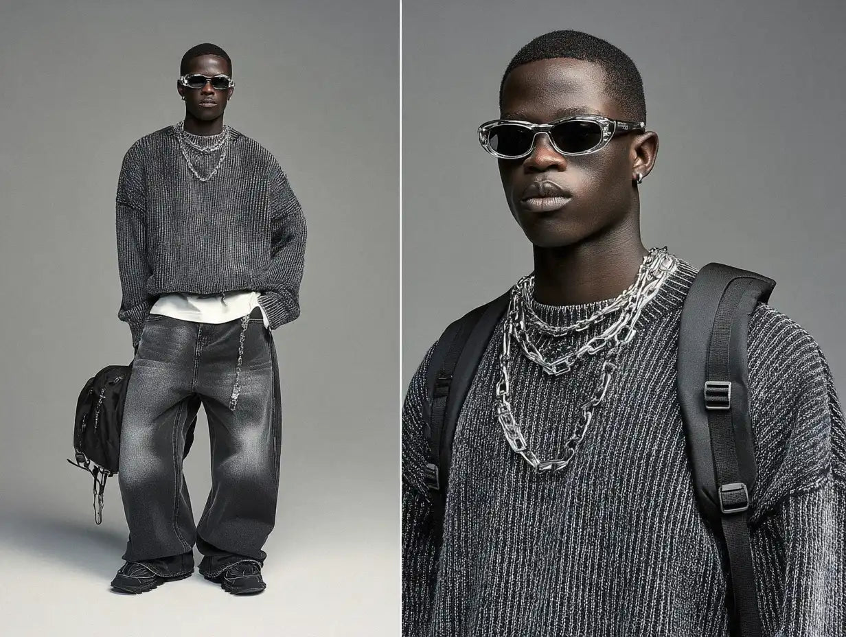 Model in slouchy gray jeans, layered knits, and silver chains, channeling minimalist tech-inspired Y2K fashion.