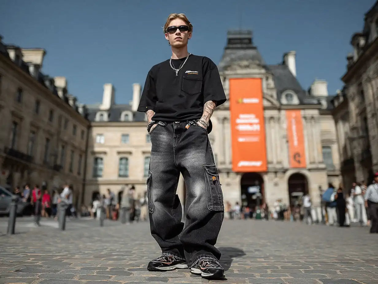 Street-style photo of a blond man in faded oversized jeans and black tee, showcasing casual Y2K style in a historic plaza.