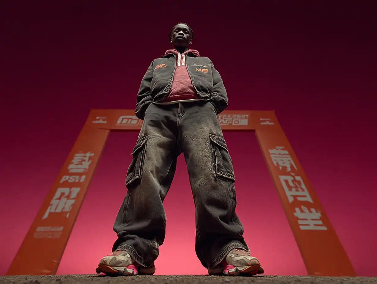Low-angle shot of a model in baggy cargo jeans and varsity jacket, embodying rugged Y2K fashion on a magenta backdrop.