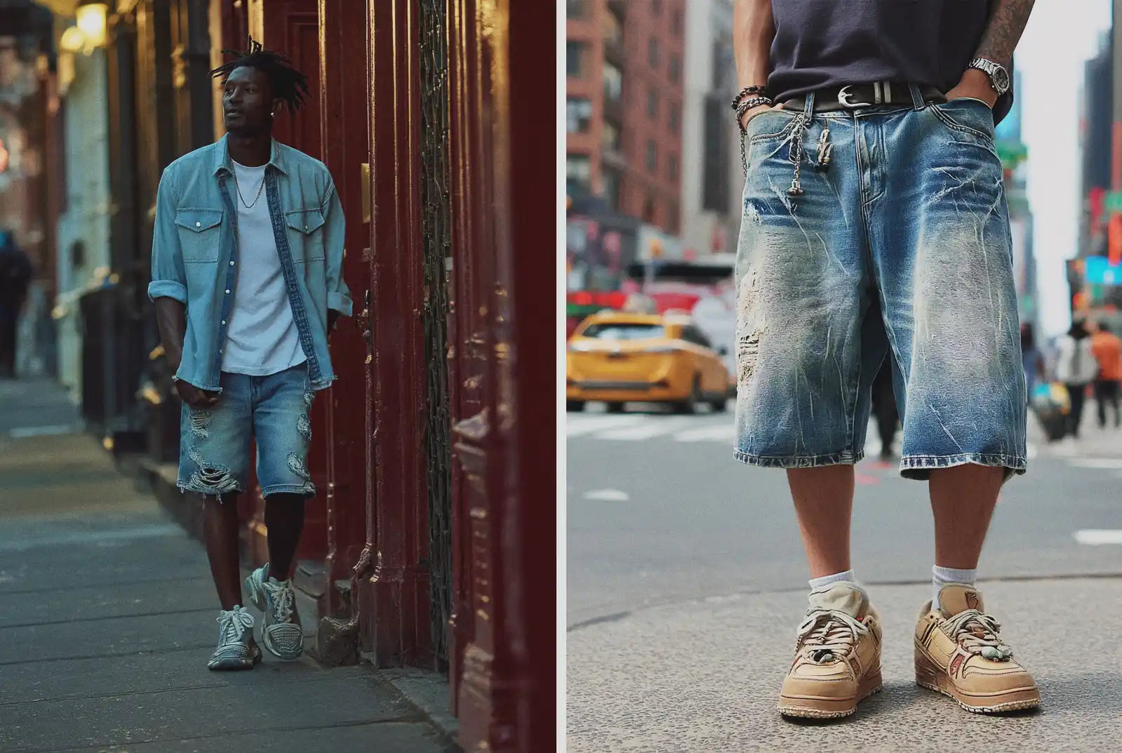 Left: A man wears a light blue denim shirt, white t-shirt, and distressed y2k jorts while walking on a city street. Right: A close-up of a man's legs and lower torso, showing distressed, light blue y2k jorts paired with sneakers.