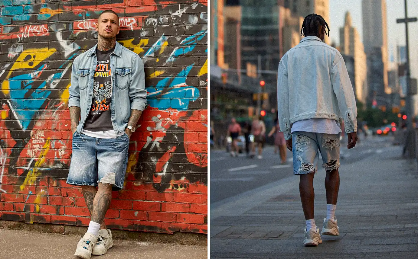 Left: A person leaning against a graffiti wall wearing a denim jacket, graphic t-shirt, and distressed y2k jorts. Right: A person walking away on a city street wearing a light denim jacket, white t-shirt, and distressed y2k jorts.