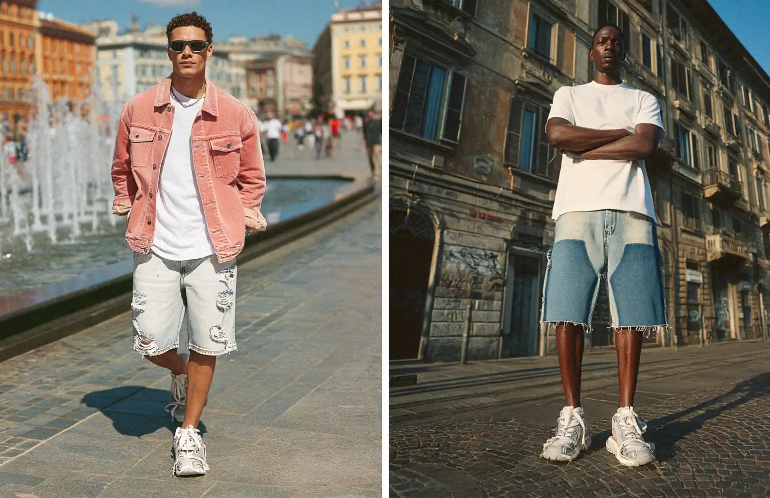 Left: A man walking near a fountain wearing a pink denim jacket, white t-shirt, and light wash y2k jorts. Right: A man standing with crossed arms wearing a white t-shirt and patchwork denim y2k jorts.