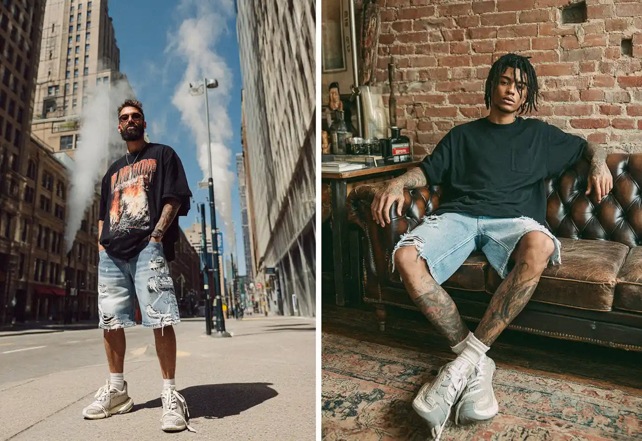 Left: A man standing on a city street wearing a black graphic t-shirt and distressed y2k jorts. Right: A person sitting on a couch wearing a black t-shirt and distressed y2k jorts.