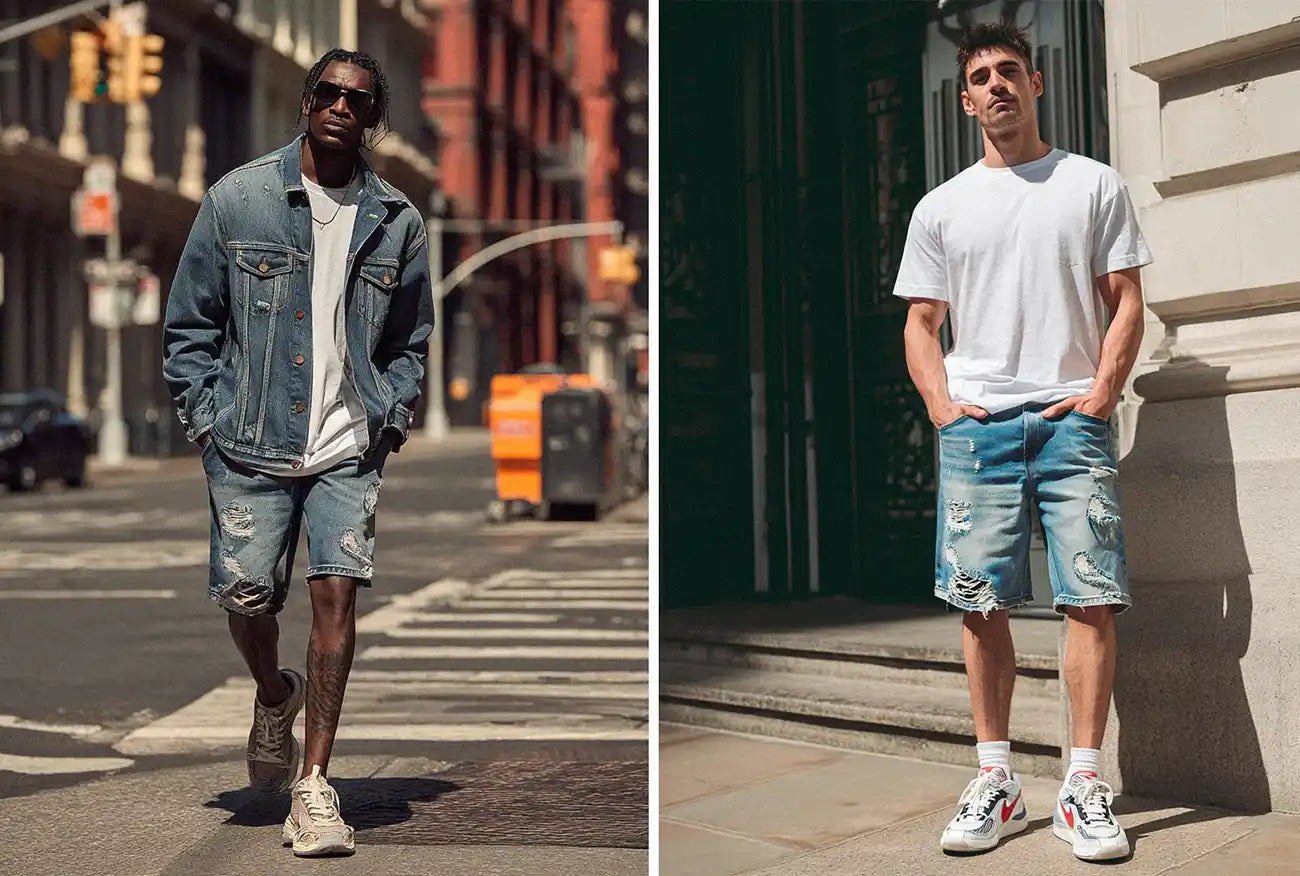 Left: A man walking on a city street wearing a denim jacket, white t-shirt, and distressed y2k jorts. Right: A man standing against a building wearing a white t-shirt and distressed y2k jorts.