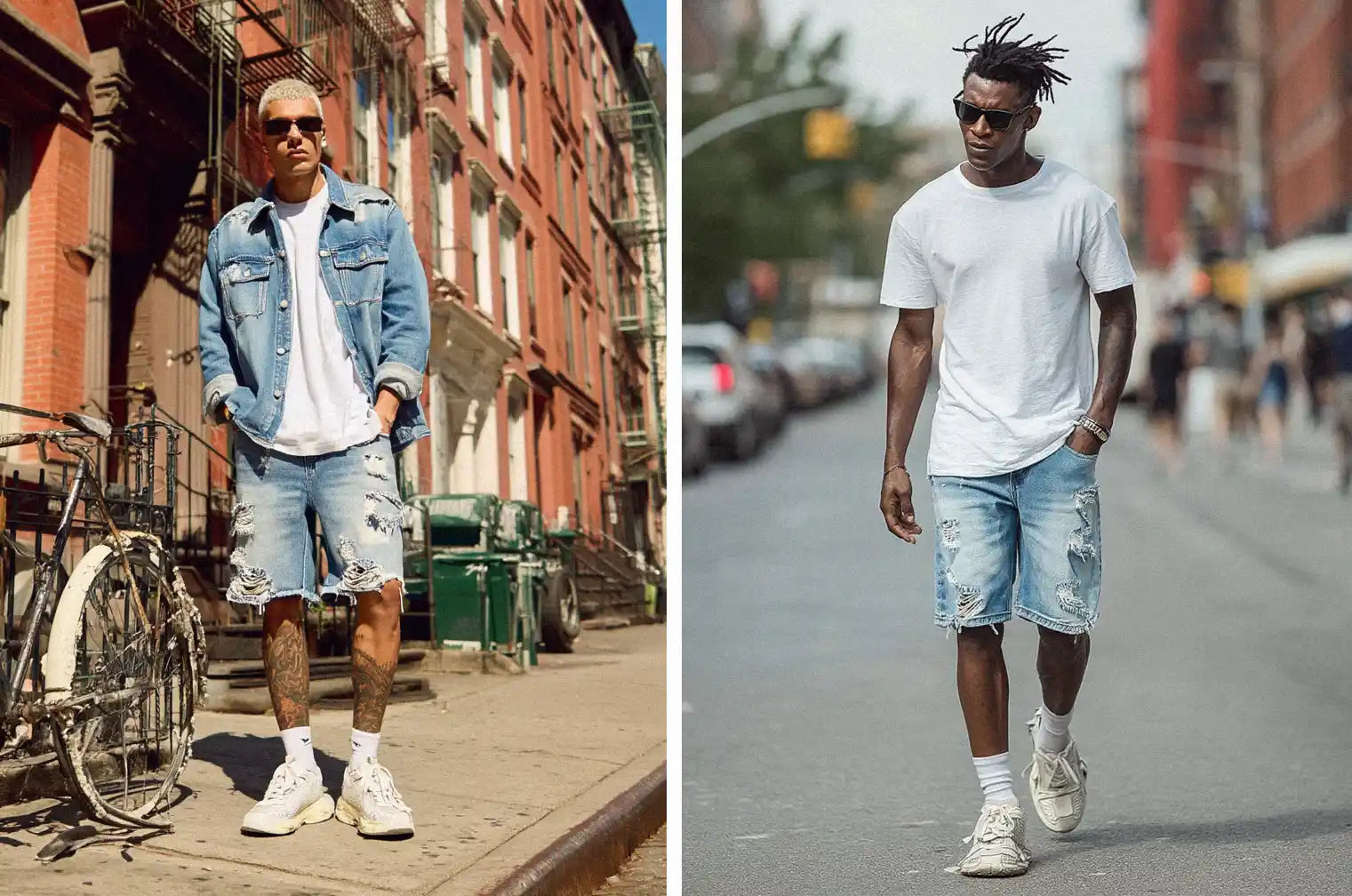 Left: A person standing on a sidewalk with a bicycle, wearing a denim jacket, white t-shirt, and distressed y2k jorts. Right: A man walking on a city street wearing a white t-shirt and light wash y2k jorts.
