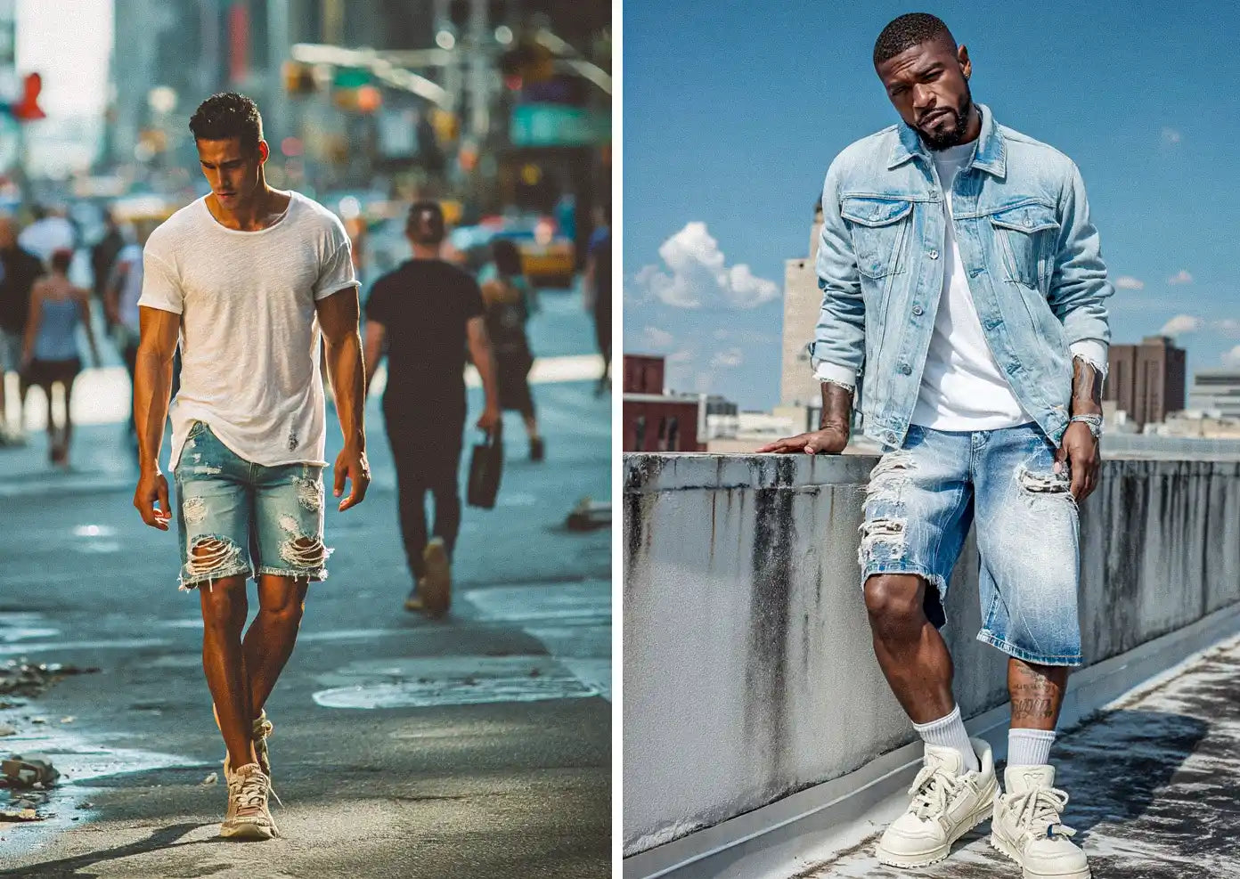 Left: A man walking on a city street wearing a white t-shirt and distressed y2k jorts. Right: A man standing on a rooftop wearing a denim jacket, white t-shirt, and distressed y2k jorts.