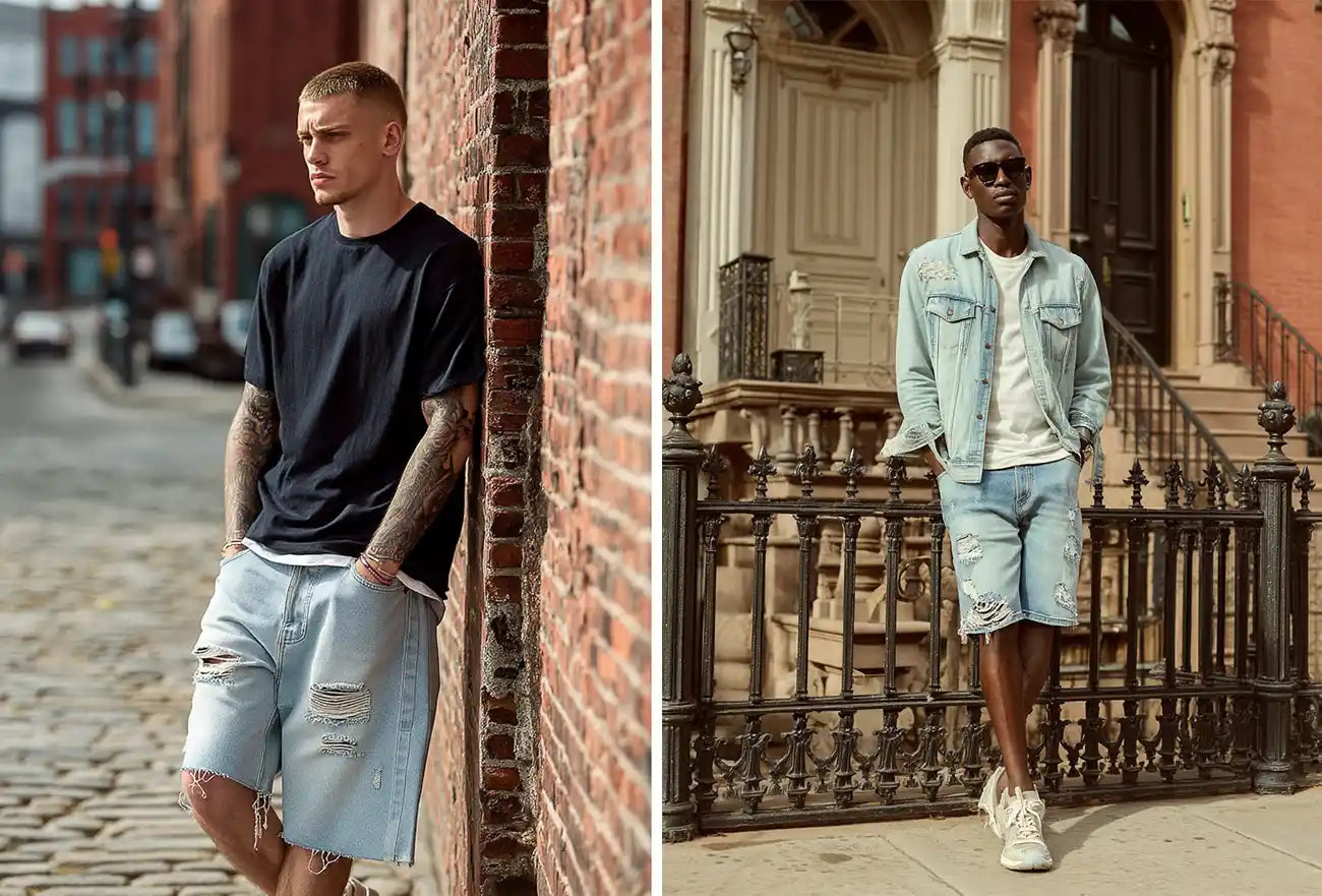 Left: A man with short hair and tattoos leans against a brick wall, wearing a black t-shirt and distressed light blue y2k jorts. Right: A man in a denim jacket, white t-shirt, and ripped light wash y2k jorts stands on a city sidewalk.