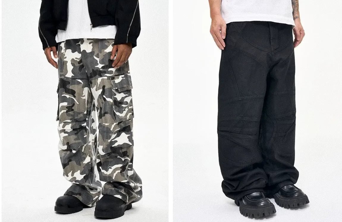 White and gray camouflage cargo pants with side pockets for a clean urban look paired with khaki green camo cargo pants with a baggy cut and adjustable drawstring cuffs.