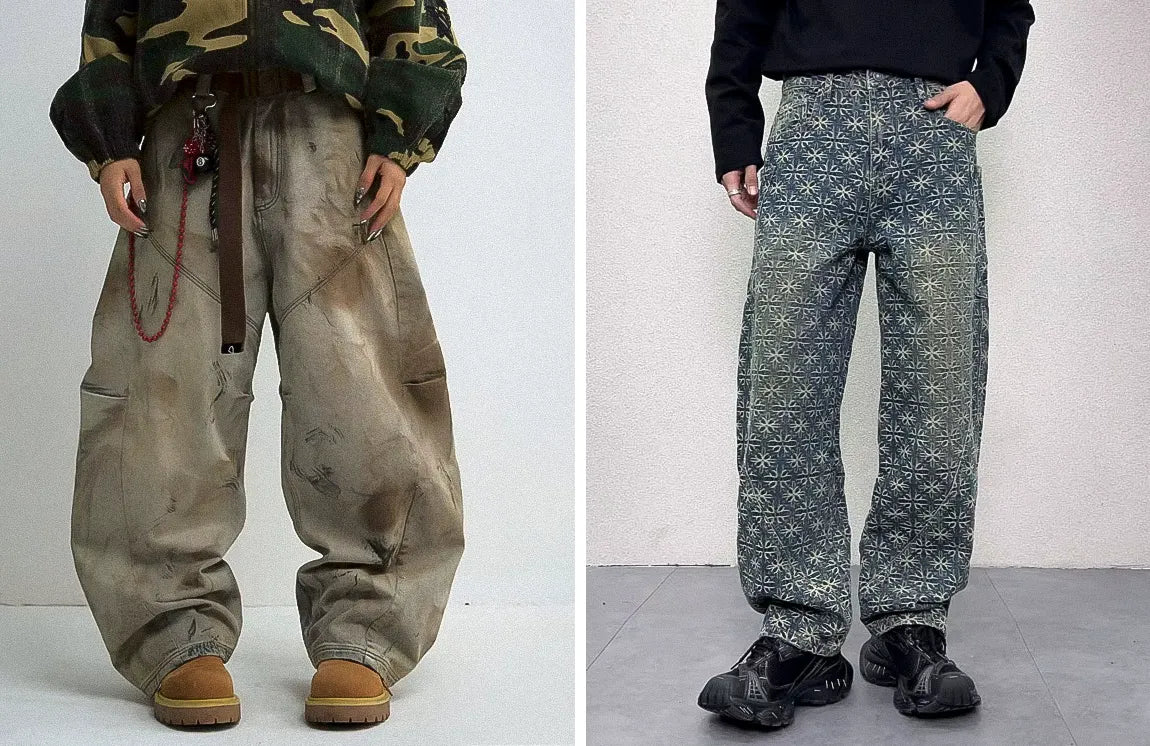 Vintage-inspired baggy pants with a worn-out print and graphic details paired with wide-leg denim pants featuring geometric patterns and an artistic flair.