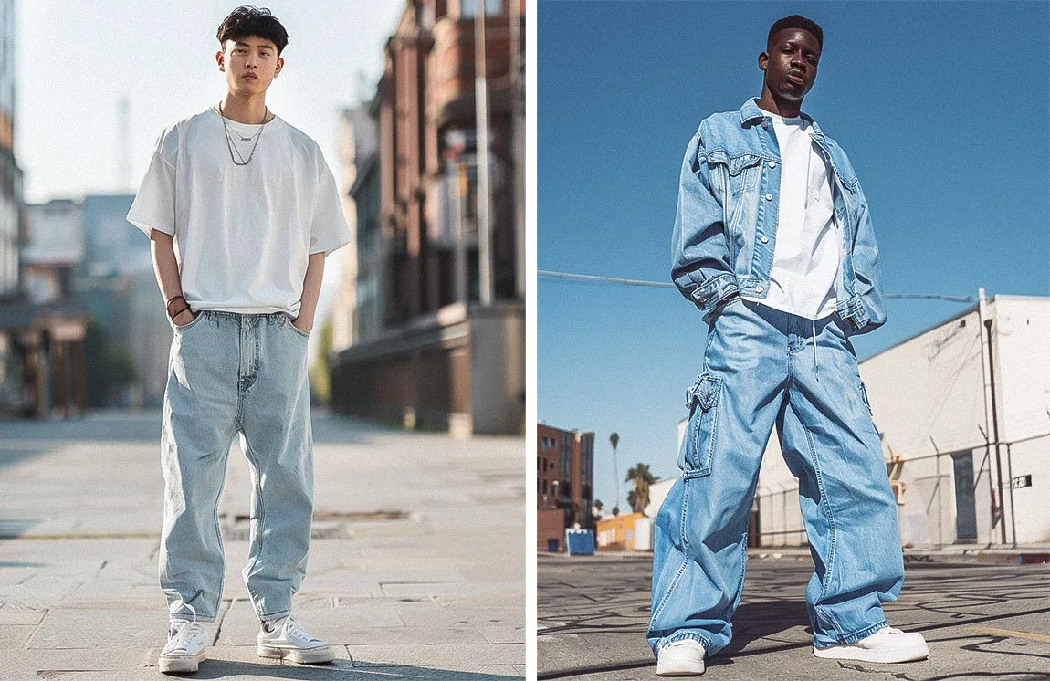 Light denim baggy pants with a relaxed fit and low waist for a minimalistic urban look paired with blue cargo denim pants featuring utility pockets and visible stitching, perfect for casual streetwear.