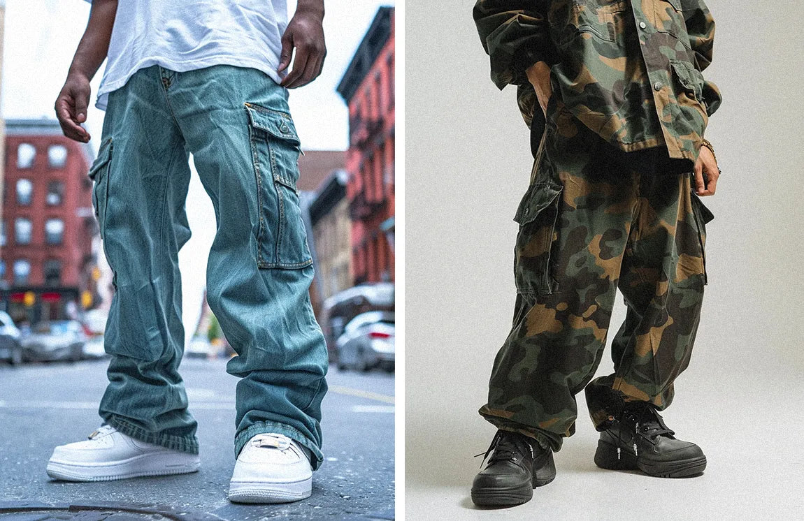 Light blue denim cargo pants with functional side pockets and a loose fit combined with military camouflage cargo pants with an elastic waist for a bold and edgy style.