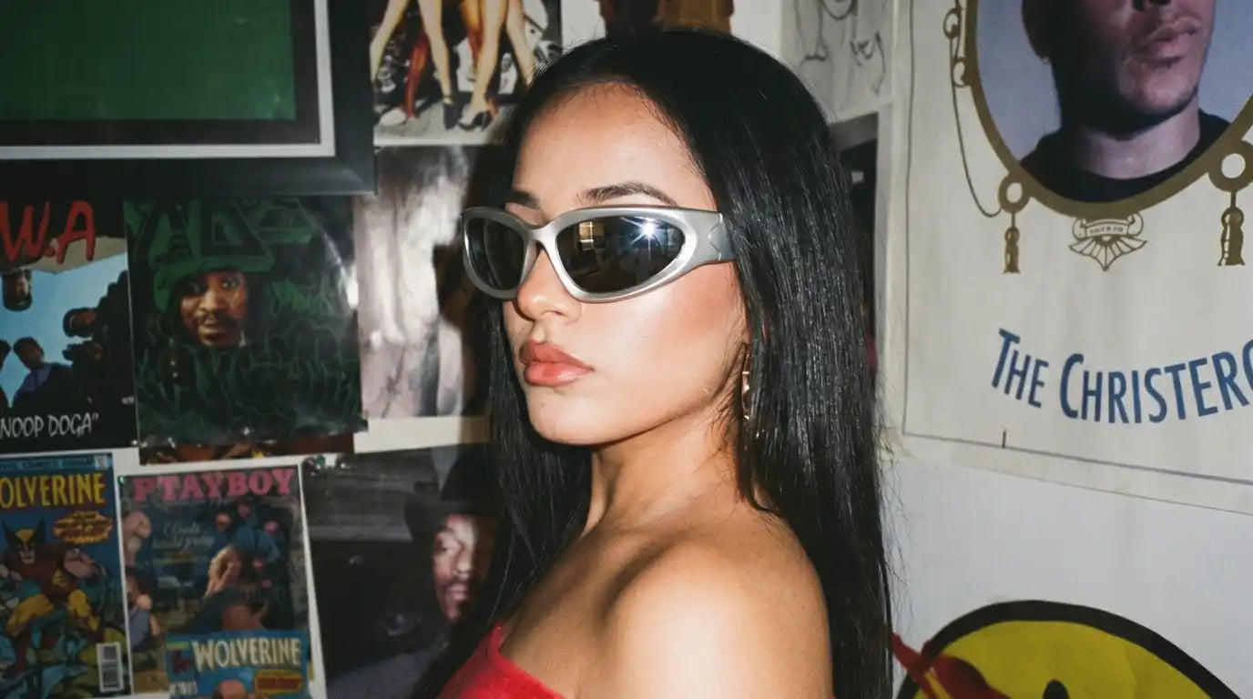 Y2K sunglasses on a beautiful girl